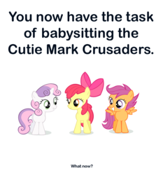 Size: 550x590 | Tagged: safe, apple bloom, scootaloo, sweetie belle, g4, bronybait, cutie mark crusaders, meta, text