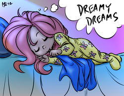 Size: 1347x1041 | Tagged: safe, artist:megasweet, artist:trelwin, fluttershy, human, g4, bed, clothes, footed sleeper, footie pajamas, humanized, onesie, pajamas, sleeping
