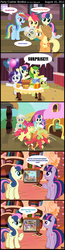 Size: 1024x3916 | Tagged: safe, artist:wildtiel, apple bloom, apple fritter, applejack, big macintosh, bon bon, granny smith, mayor mare, rainbow dash, rarity, sweetie drops, twilight sparkle, winona, dog, earth pony, pegasus, pony, unicorn, g4, the last roundup, apple family member, apple siblings, apple sisters, best pony, book, brother and sister, comic, female, friendship express, male, mare, siblings, sisters, stallion, television, train, unicorn twilight