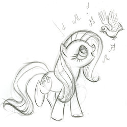 Size: 900x903 | Tagged: safe, artist:lauren faust, fluttershy, posey, bird, earth pony, pony, g1, g4, behind the scenes, color me, concept art, earth pony fluttershy, female, g1 to g4, generation leap, grayscale, mare, monochrome, race swap, singing, what could have been, wingless