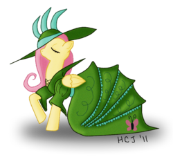 Size: 660x600 | Tagged: safe, artist:pinwheel-princess, fluttershy, pegasus, pony, g4, clothes, dress, female, french haute couture, hat, mare, simple background, solo, transparent background