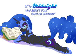 Size: 1500x1100 | Tagged: safe, artist:madmax, nightmare moon, alicorn, pony, g4, book, butt, dialogue, eyeshadow, female, glasses, helmet, hoof shoes, looking at you, makeup, mare, peytral, plot, prone, reading, solo, stupid sexy nightmare moon