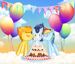 Size: 2184x1887 | Tagged: safe, artist:tinuleaf, rainbow dash, soarin', spitfire, g4, birthday, blushing, cake, cheek kiss, female, kiss sandwich, kissing, lucky bastard, male, polyamory, ship:soarindash, ship:soarinfire, shipping, soarin' gets all the mares, straight