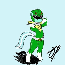 Size: 500x500 | Tagged: artist needed, safe, lyra heartstrings, pony, unicorn, g4, 30 minute art challenge, bipedal, blue background, clothes, costume, female, green ranger, missing horn, power rangers, simple background, solo