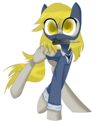 Size: 1770x2080 | Tagged: safe, artist:prozenconns, derpy hooves, pegasus, pony, g4, balisong, butterfly knife, clothes, crossover, derpyspy, female, knife, mare, mouth hold, raised leg, simple background, smiling, solo, spy, spy (tf2), team fortress 2, transparent background