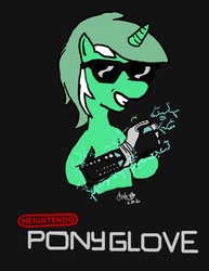Size: 500x649 | Tagged: artist needed, safe, lyra heartstrings, pony, unicorn, '80s, 1980's, clothes, dark background, female, gloves, grin, nintendo, parody, power glove, smiling, solo, sunglasses