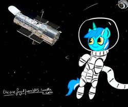 Size: 500x417 | Tagged: safe, artist:theoneforgedfromvhs, lyra heartstrings, pony, unicorn, g4, astronaut, floating, horn, solo, space, spacesuit, zero gravity