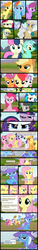Size: 1500x10000 | Tagged: safe, artist:foxy-noxy, apple bloom, applejack, berry punch, berryshine, bon bon, carrot top, derpy hooves, dj pon-3, fluttershy, golden harvest, granny smith, lyra heartstrings, mayor mare, octavia melody, pinkie pie, rainbow dash, rarity, roseluck, scootaloo, sweetie belle, sweetie drops, trixie, twilight sparkle, vinyl scratch, earth pony, pegasus, pony, unicorn, g4, putting your hoof down, applejack's hat, bipedal, cape, clothes, comic, cowboy hat, cutie mark crusaders, eyes closed, female, filly, floppy ears, hat, hug, mare, nose in the air, open mouth, stare, stare down, staring contest, trixie's cape, trixie's hat