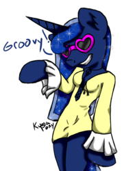 Size: 800x1103 | Tagged: safe, artist:rainbowdrool, princess luna, anthro, g4, 70s, arm hooves, clothes, disco, dress, female, simple background, solo, sunglasses