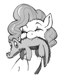 Size: 707x836 | Tagged: safe, artist:kevinsano, gummy, pinkie pie, alligator, earth pony, pony, g4, duo, grayscale, monochrome, mouth hold, scruff, simple background