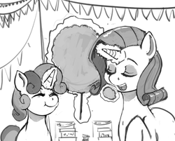 Size: 814x656 | Tagged: safe, artist:kevinsano, rarity, sweetie belle, pony, unicorn, g4, cotton candy, duo, duo female, eyes closed, female, food, grayscale, monochrome, sisters