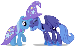 Size: 2800x1800 | Tagged: safe, artist:mixermike622, princess luna, trixie, alicorn, pony, unicorn, g4, accessory swap, cape, clothes, cute, duo, female, hat, lesbian, luxie, mare, s1 luna, shipping, simple background, the great and powerful, transparent background, trixie's cape, trixie's hat, vector