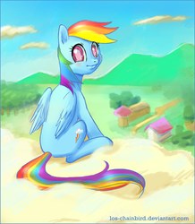 Size: 1199x1375 | Tagged: safe, artist:los-chainbird, rainbow dash, pegasus, pony, g4, cloud, cute, female, looking at you, mare, on a cloud, sitting, smiling, solo