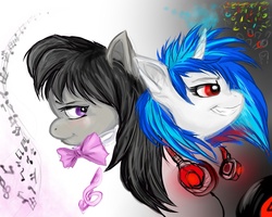 Size: 1280x1024 | Tagged: safe, artist:cruelseptember, dj pon-3, octavia melody, vinyl scratch, g4, blushing, bowtie, grin, headphones, music, neon, red eyes