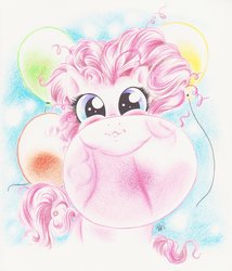 Size: 900x1051 | Tagged: dead source, safe, artist:yaoi-theartofbeauty, pinkie pie, earth pony, pony, g4, balloon, blowing, bubblegum, cute, female, mare, traditional art