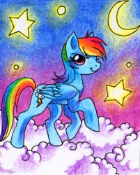 Size: 536x666 | Tagged: dead source, safe, artist:jacky-bunny, rainbow dash, pegasus, pony, g4, cloud, crescent moon, female, folded wings, mare, moon, smiling, smirk, solo, stars, wings