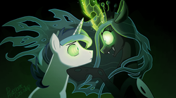 Size: 1000x557 | Tagged: safe, artist:kawaiidogarts, queen chrysalis, shining armor, changeling, changeling queen, pony, unicorn, a canterlot wedding, g4, blue mane, dark background, eye contact, female, glowing, glowing eyes, glowing horn, horn, looking into each others eyes, magic, male, mind control, open mouth, ship:shining chrysalis, smiling, stallion, straight, wide eyes