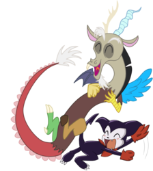 Size: 896x1000 | Tagged: dead source, safe, artist:yorterry, discord, draconequus, impmon, g4, crossover, digimon, duo, eyes closed, laughing, male, simple background, transparent background