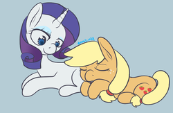 Size: 721x471 | Tagged: safe, artist:annakat101, applejack, rarity, g4, female, lesbian, ship:rarijack, shipping, simple background, sleeping