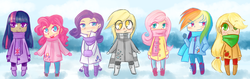 Size: 1895x600 | Tagged: safe, artist:lady-largo, applejack, derpy hooves, fluttershy, pinkie pie, rainbow dash, rarity, twilight sparkle, human, g4, chibi, clothes, dark skin, humanized, line-up, mane six, scarf, snow