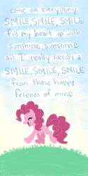 Size: 400x800 | Tagged: safe, artist:nooby-banana, pinkie pie, earth pony, pony, a friend in deed, g4, animated, day, eyes closed, female, lyrics, smile song, smiling, solo, song, text