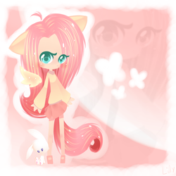Size: 2000x2000 | Tagged: safe, artist:lillynya, angel bunny, fluttershy, human, rabbit, g4, animal, clothes, duo, eared humanization, flattershy, high res, humanized, skinny, skirt, tailed humanization, thin, winged humanization