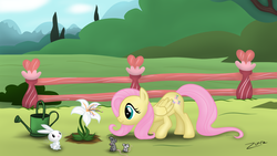 Size: 1920x1080 | Tagged: safe, artist:zonra, angel bunny, fluttershy, mouse, g4, flower, watering can
