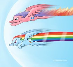 Size: 900x828 | Tagged: safe, artist:snakehands, firefly, rainbow dash, pegasus, pony, g1, g4, duo, female, fire trail, flying, g1 to g4, generation leap, mare, racing, rainbow trail, speed trail