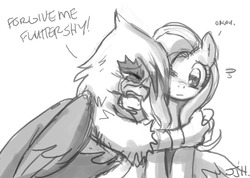 Size: 900x642 | Tagged: safe, artist:johnjoseco, fluttershy, gilda, griffon, pegasus, pony, g4, crying, duo, eyes closed, female, grayscale, hug, mare, monochrome, one eye closed, simple background, white background