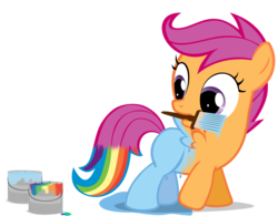 Size: 2452x1912 | Tagged: safe, artist:orangel8989, rainbow dash, scootaloo, pegasus, pony, artifact, cute, cutealoo, dyed coat, dyed mane, female, filly, foal, high res, looking down, mouth hold, paint, paint in hair, paint on feathers, paint on fur, paintbrush, painting, painting characters, rainbow paint, recolor, scootobsession, simple background, solo, transparent background, vector