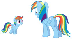 Size: 5604x3153 | Tagged: safe, artist:orangel8989, rainbow dash, scootaloo, pegasus, pony, artifact, big grin, duo, duo female, dyed coat, dyed mane, female, filly, foal, grin, mare, scootobsession, shocked, simple background, smiling, transparent background, vector