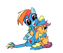 Size: 1027x864 | Tagged: safe, artist:tranquilmind, rainbow dash, scootaloo, pegasus, pony, g4, duo, duo female, female, filly, hug, mare, noogie, one eye closed, scootalove, simple background, transparent background, wink