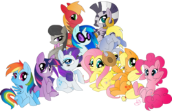 Size: 1168x759 | Tagged: safe, artist:lunardawn, applejack, big macintosh, derpy hooves, dj pon-3, fluttershy, octavia melody, pinkie pie, rainbow dash, rarity, twilight sparkle, vinyl scratch, zecora, earth pony, pegasus, pony, unicorn, zebra, g4, chibi, male, mane six, simple background, stallion, transparent background, unicorn twilight