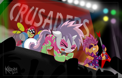 Size: 2548x1623 | Tagged: safe, artist:killryde, apple bloom, scootaloo, sweetie belle, earth pony, pegasus, pony, unicorn, g4, the show stoppers, band, bipedal, clothes, concert, costume, crowd, cutie mark crusaders, drums, drumsticks, eyes closed, face paint, female, filly, floppy ears, foal, gritted teeth, guitar, heavy metal, hoof hold, microphone, musical instrument, open mouth, show stopper outfits, signature, silhouette, singing, spread wings, stage, teeth, wings