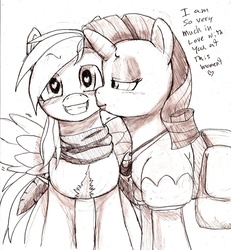 Size: 1292x1400 | Tagged: safe, artist:pockystix, rainbow dash, rarity, g4, arisen, clothes, crossover, dragon's dogma, female, flirting, kissing, lesbian, madeleine, scar, scarf, ship:raridash, shipping, sketch, traditional art