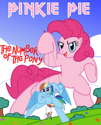 Size: 1278x1582 | Tagged: safe, pinkie pie, rainbow dash, pony, g4, album cover, giant pony, iron maiden, macro, parody