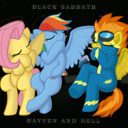 Size: 500x500 | Tagged: safe, fluttershy, rainbow dash, spitfire, pegasus, pony, g4, album cover, anatomically incorrect, black sabbath, cigarette, clothes, eyes closed, female, heaven and hell, heavy metal, incorrect leg anatomy, mare, metal, nimbus, parody, playing card, ponified, ponified album cover, smoking, uniform, wonderbolts uniform