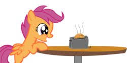 Size: 2000x997 | Tagged: safe, artist:heartbeatwithnosound, scootaloo, pegasus, pony, g4, cute, cutealoo, female, filly, foal, simple background, solo, table, toaster, transparent background, waffle