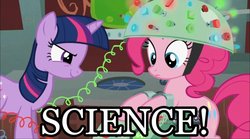 Size: 1000x557 | Tagged: safe, edit, edited screencap, screencap, pinkie pie, twilight sparkle, earth pony, pony, unicorn, feeling pinkie keen, g4, season 1, image macro, science, unicorn twilight