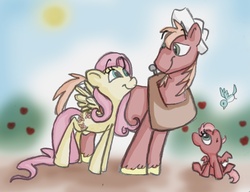 Size: 1405x1080 | Tagged: safe, artist:frankilew, big macintosh, fluttershy, bird, pegasus, pony, g4, :o, eye contact, family, female, filly, foal, male, offspring, parent:big macintosh, parent:fluttershy, parents:fluttermac, ship:fluttermac, shipping, smiling, straight
