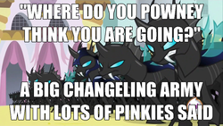 Size: 960x540 | Tagged: safe, edit, edited screencap, screencap, changeling, a canterlot wedding, g4, angry, armor, army, canterlot, changeling armor, changeling officer, changeling swarm, fangs, half life full life consequences, image macro, impact font, scowl, text