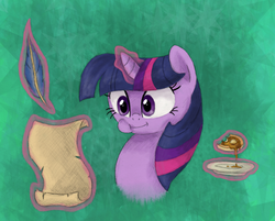 Size: 2193x1761 | Tagged: safe, artist:hewison, twilight sparkle, pony, g4, eating, female, glowing horn, horn, letter, magic, mare, plate, quill, solo, telekinesis, waffle, writing