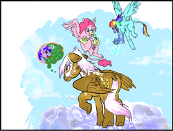 Size: 762x580 | Tagged: safe, artist:armapillow, artist:kyun-kun, gilda, pinkie pie, rainbow dash, twilight sparkle, griffon, pegasus, pony, g4, angry, artifact, bubble, cloud, cloudy, griffonized, laughing, paws, ponified, pony gilda, species swap