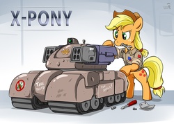 Size: 1000x717 | Tagged: safe, artist:doomy, applejack, earth pony, pony, g4, clothes, crossover, female, mouth hold, solo, tank (vehicle), x-com
