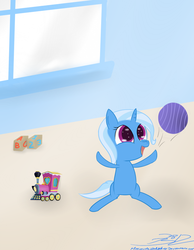 Size: 700x900 | Tagged: safe, artist:allpowerfultrixie, artist:mikoruthehedgehog, trixie, g4, ball, female, filly, happy, toy, train