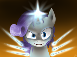 Size: 1000x740 | Tagged: dead source, safe, artist:mlpanon, rarity, pony, unicorn, g4, bloodshot eyes, creepy, creepy smile, female, looking at you, magic, mare, pins, smiling, solo, telekinesis, violence