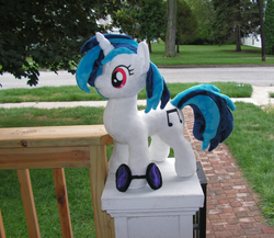 Size: 1378x1198 | Tagged: safe, artist:karasunezumi, dj pon-3, vinyl scratch, pony, unicorn, g4, horn, irl, outdoors, photo, plushie, solo