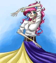 Size: 2511x2842 | Tagged: safe, artist:tao-mell, pinkie pie, human, g4, bracelet, clothes, female, high res, humanized, jewelry, long skirt, romani, skinny, skirt, solo, thin