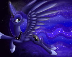 Size: 1000x800 | Tagged: safe, artist:elana-louise, princess luna, pony, g4, female, flying, looking back, solo