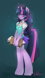 Size: 600x1032 | Tagged: safe, artist:liea, twilight sparkle, anthro, unguligrade anthro, g4, book, clothes, female, human facial structure, looking at you, skirt, solo, unshorn fetlocks, welovefine